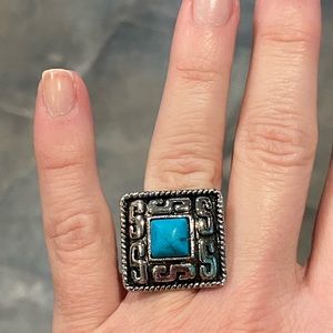 Turquoise square silver tone statement ring